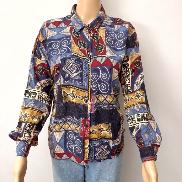 Vintage America Tops - Vintage Floral Paisley Pattern Boho Festival Hippie Button Down Shirt Blouse
